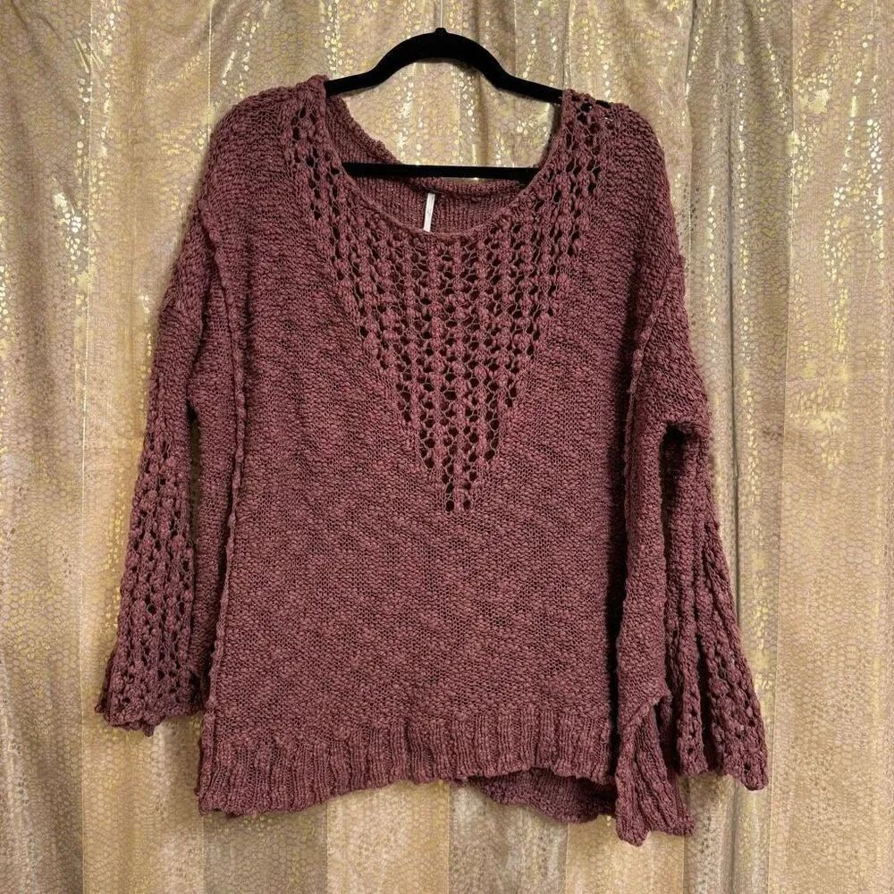Free People Maroon Boho Chunky Open Knit Bell Sleeve Sweater Oversized XS